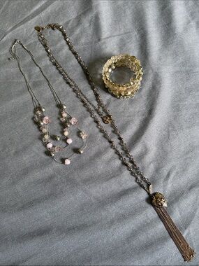 2 Necklaces and 1 Bracelet: Gold-Tone Tassel Necklace with Pink Bead Accent